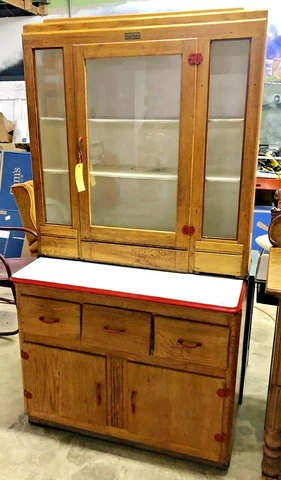 Antique Keystone Hoosier Style Kitchen Cabinet White Porcelain Pull Out Counter Cover