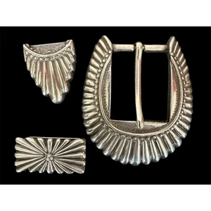 Silver Tone Taiwan ROC 1993 Western Belt Buckle, Keeper, End Tip Vintage - Picture 1 of 3