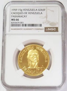 1959 GOLD VENEZUELA PARAMACAY CACIQUES CHIEF 15 GRAM NGC MS 66 - Picture 1 of 2