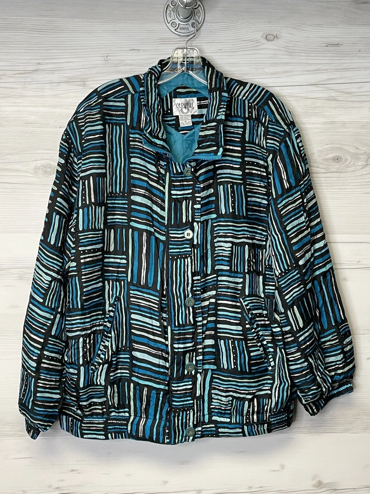 Jaqueta Cervelle Feminina 1X Preta Azul Seda Abstrata Acolchoada Botão para Cima Leve - Imagem 1 de 4