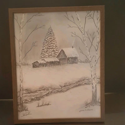 Карандаш эскиз фермерского дома зимой уголь карандаш 8 «x 10» в рамке и с подписью  - Изображение 1 из 3