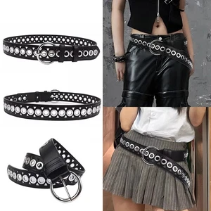 Hollow Out Waist Belt Rivet PU Leather Belt Metal Buckle Triangle Punched Hole S - Picture 1 of 11