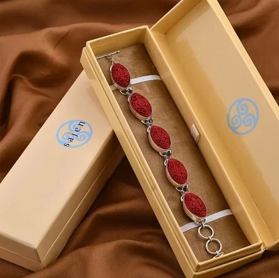 Sajen Carved Butterfly Floral Cinnabar & Garnet  Silver Toggle Bracelet 6.5-8.25 - Image 1 of 4