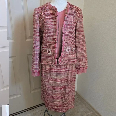 Paule Vasseur Pink Tweed 3-Piece Suit Size 44 US 12 Red Pink - Image 1 of 4