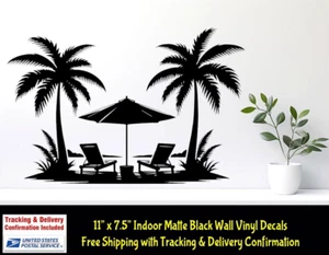 Tropical Beach Scene 11" Indoor Matte Black Vinyl Wall Decal Walls Doors Mirrors - Picture 1 of 3