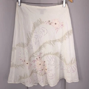 Womens Skirt 8 Off White Embellished Linen A-Line Soft Girl Light and Elegant - Picture 1 of 15
