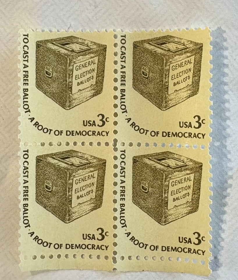 Vintage US 3 Cents To Cast a Free Ballot * A Root of Democracy MNH Plate Block 4 - Image 1 of 1