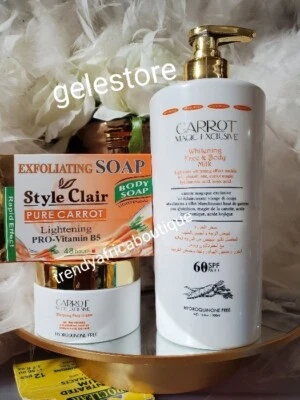 3pcs. Carrot Magic Exclusive whitening body LOTION, Face Cream &style Clair Soap - Image 1 of 4
