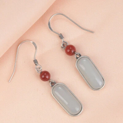 B35 Orecchini con Rosso Agata E Ovale Chiare Giada 925 Argento Sterling - Immagine 1 di 4