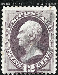 US 1870 SC 151 CLAY 12¢ DULL VIOLET LIGHT CANCEL USED NO GUM FINE/VERY FINE - Picture 1 of 2