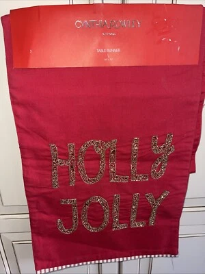 Cynthia Rowley Red Table Runner 14x72" Christmas Holiday Beaded Holly Jolly - Image 1 of 4