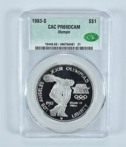 1983-S Olympic Discus Commemorative Silver Dollar PR69 DCAM CAC - Picture 1 of 5