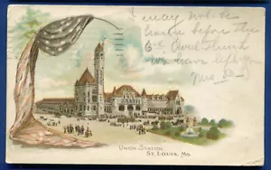 St Louis Missouri Railroad Union Depot Railroad US Flag Postcard B553 - Picture 1 of 2