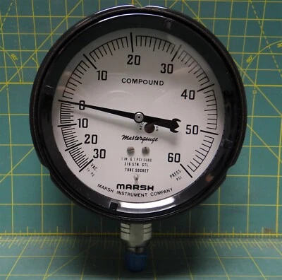 Marsh Instrument 4.5" Compound Mastergauge 30"-0-60 PSI 1/4" NPT Bottom Connect - Image 1 of 4