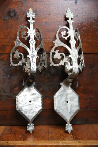 Antique Vintage Light Wall Sconce Pair Arts Crafts Tudor Gothic silver lamps Cover