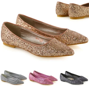 Womens Pointed Ballet Flats Ladies Sparkly Glitter Slip On Pumps Shoes Size 3-9 - Picture 1 of 21