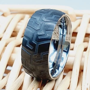 9mm Tungsten Hip Hop Ring Motorcycle Tire Ring Tungsten Rings Black Wedding Ring - Picture 1 of 8