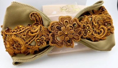 Kirks Folly Bow Barrette Army Green & Gold Marked France USA 7" x 4" - Image 1 of 3