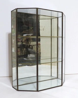 VTG MCM Brass & Glass Display Curio Hanging Cabinet 2 Shelves Mirror Hinged Door - Image 1 of 4