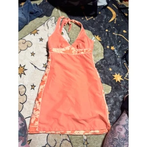 Coral Halter Dress Floral Trim Sleeveless Mini Dress Summer Vacation - Picture 1 of 5