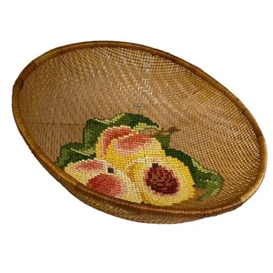 Vintage PEACHES Wicker Round Fruit Bowl Decor Cross Stitch Embroidery Art 70s - Picture 1 of 10