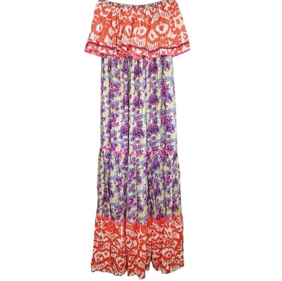 Place du Soleil Floral Ikat Strapless Maxi Dress Small Tiered Boho Beach Cottage - Image 1 of 4