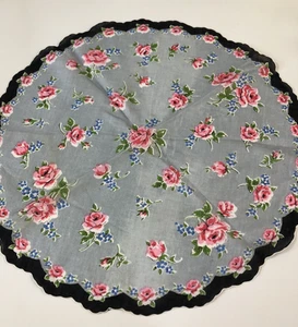 Vintage Handkerchief Hankie - ROUND GREY FLORAL WITH BLACK BORDER 19" - Picture 1 of 9