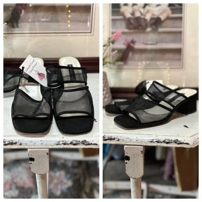 Vintage 90s Black Square Toe Chunky Heels Sheer Mesh Slides Peep Toe 8 M - Image 1 of 4
