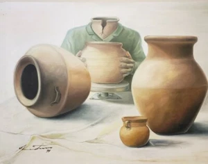 Oil on Canvas Broken Potter Molding Unbroken Pottery. Signed - Picture 1 of 2