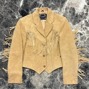 Vintage Ms Pioneer Jacke Damen 10 Wildleder Fransen braun cropped hellbraun khaki Western - Bild 1 von 6