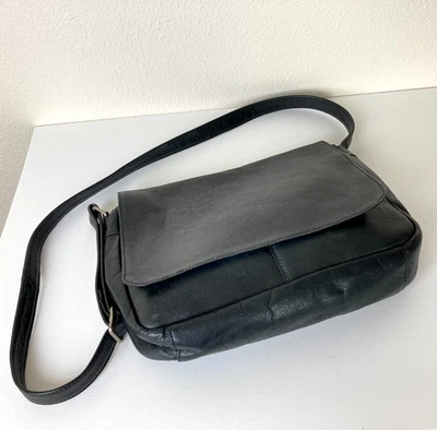 Le Donne Leather Simple Flap Over Black Crossbody Bag 10"H x 13"W x 3"D - Image 1 of 4