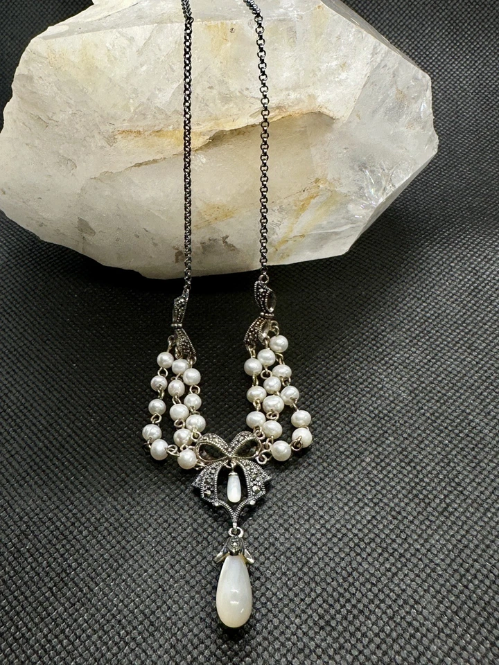 925 Sterling Silver Marcasite Bows, Faux Pearls & Teardrop Dangle Necklace - Image 1 of 4