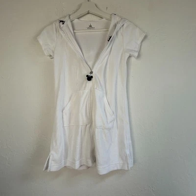 Disney Parks Kids White Hooded Terry Zip-Up Dress Cover-Up Mickey Print Medium - Image 1 of 4