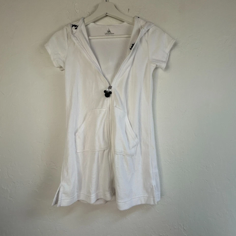 Disney Parks Kids White Hooded Terry Zip-Up Dress Cover-Up Mickey Print Medium - Image 1 of 4