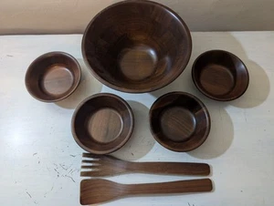 Vintage Real Walnut Mid Century Vermillion Salad Serving Bowl Set MCM Home Decor - Picture 1 of 24