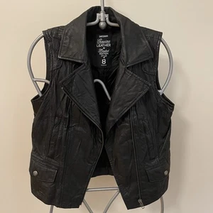 Just Jeans Genuine Leather Black motorcycle zip up vest women’s size 8 Pockets - Picture 1 of 8
