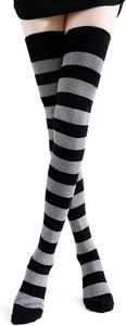 Kayhoma Extra Long Cotton Stripe Thigh High Socks Over Medium, Black/Silver  - Picture 1 of 6