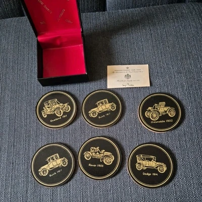 RARE ~ Sweden Cork Coaster Set Design Phillipp Leather Box Vintage Cars - Image 1 of 4