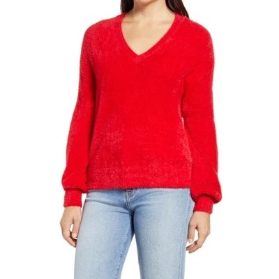 Halogen NWT Fuzzy V-neck Sweater In Red Chinoise Size Small - Image 1 of 4