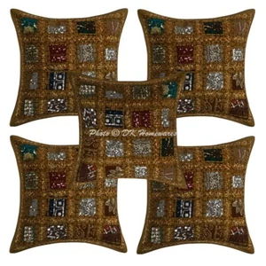 Cotton Throw Pillow Covers Patchwork Embroidered Indian Sequins Set Of 5 Cushion - Picture 1 of 6