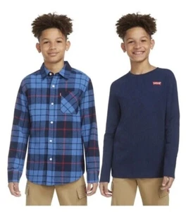 NEW Levi's Youth Boys Blue Plaid Flannel + Thermal 2 piece SMALL 7-8 - Picture 1 of 3