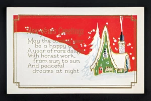 Geprägte antike Postkarte Neujahrsgrüße verschneit Winterhaus gold vergoldet - Bild 1 von 4