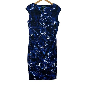 Lauren Ralph Lauren Sheath Dress Sz 12 Blue Black Floral Ruched Sleeveless Midi - Picture 1 of 16