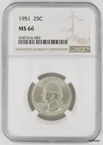1951 P Washington Silver Quarter 25C NGC MS66 Bright White - Picture 1 of 2