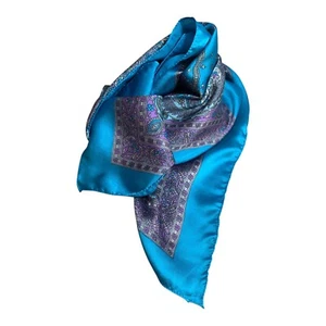Sciarpa seta vintage paisley viola acqua turchese quadrata 35" arrotolata a mano senza etichetta - Foto 1 di 8