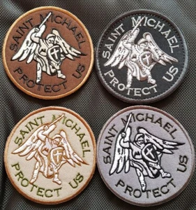 4PCS SAINT MICHAEL PROTECT US TACTICAL HOOK LOOP PATCH EMBROIDERED BADGE TAN - Picture 1 of 9