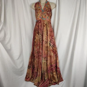 Sumita Vintage Y2k Damen Seide Tie Neckholder Maxikleid Free Size geraffter Rücken - Bild 1 von 15