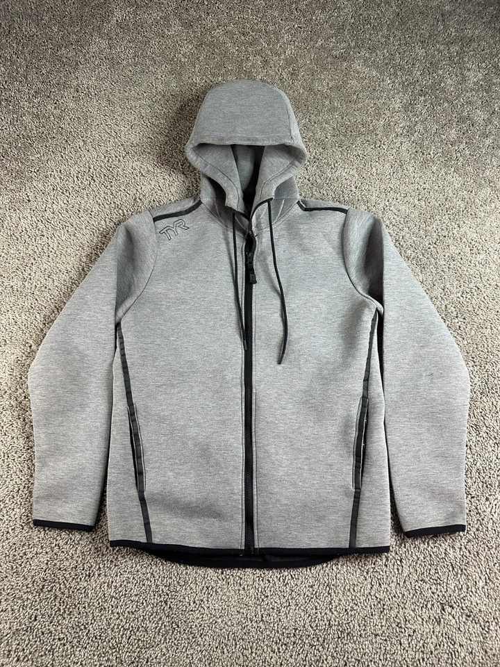 TYR Hoodie Mens Small Gray Black Trim Technical Full Zip Drawstring Casual - Image 1 of 4