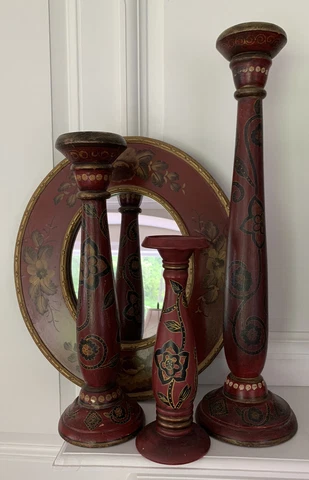 Lot 4 Vintage Rustic Folk Art Floral Red Mirror Candleholders Mantel Deco Cover