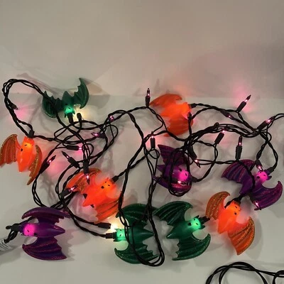 Bat String Halloween Icicle Lights Blow Mold Purple Orange Green 10 Bats - Image 1 of 4